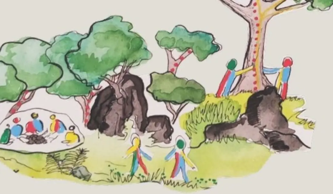 Watercolour of the dreamed place: trees, a river, light dwellings and colourful figures