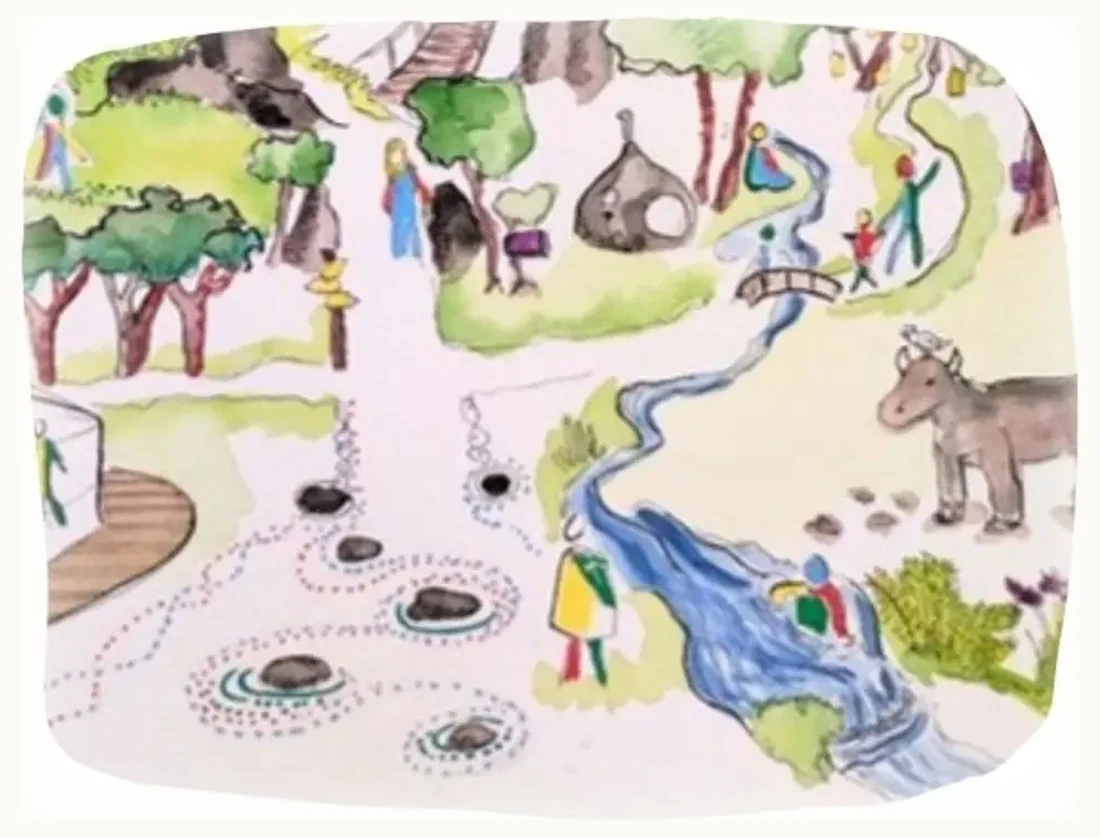 Watercolour of the dreamed place: a village by the river