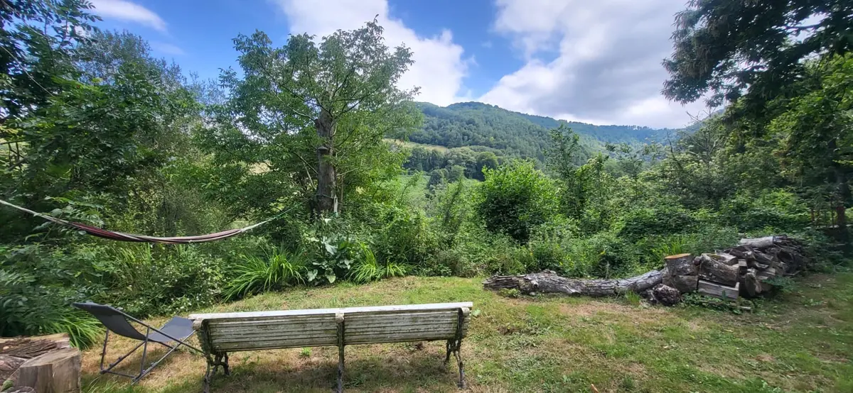 Benches in the garden with a view of the forest and the Pyrenees
