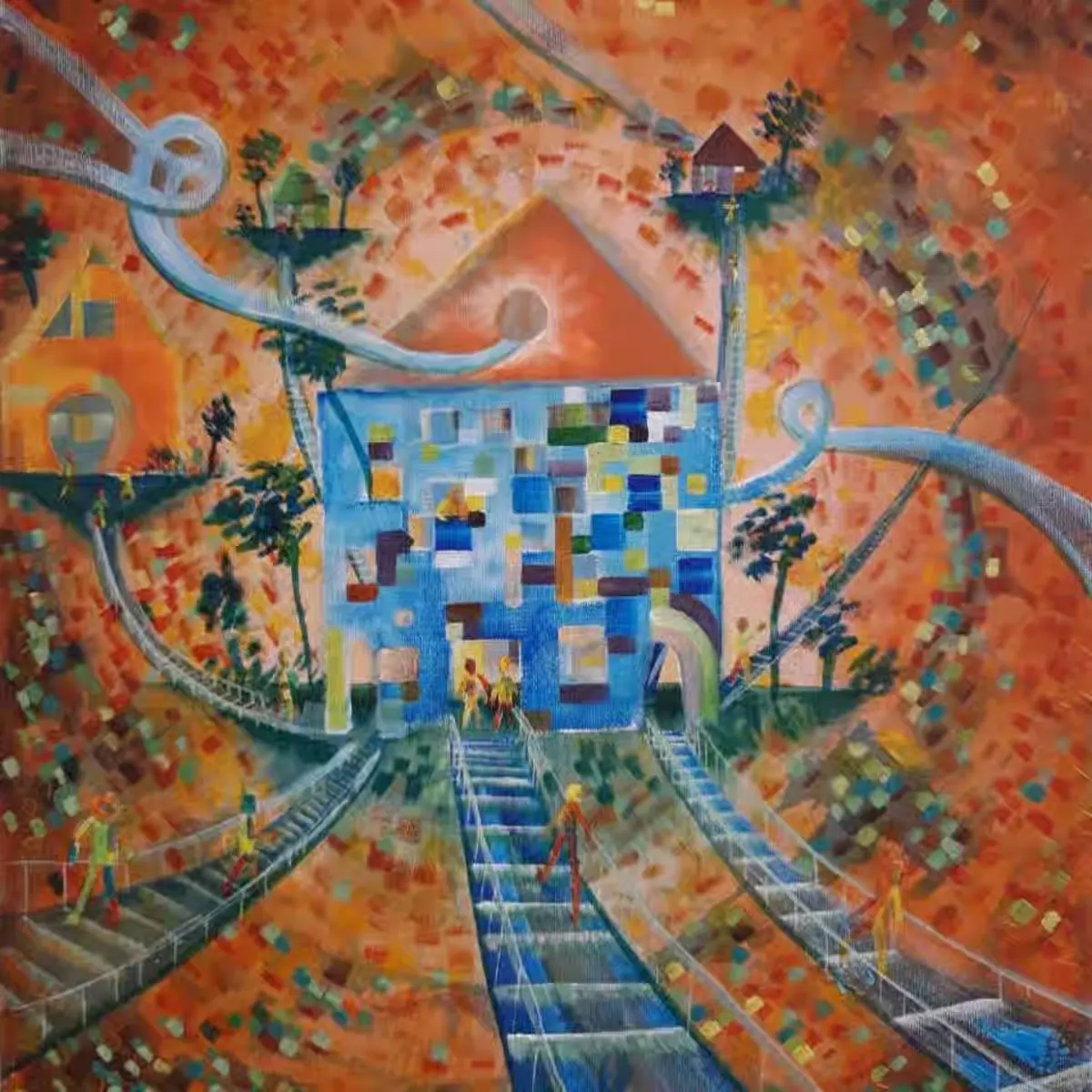 Painting of La Maison Passerelle: a colourful house connected to the world by footbridges